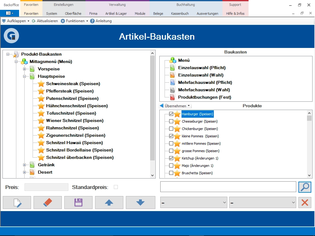 Screenshot der GastroSoft Kassensoftware auf MagicPOS 15-Zoll-Gastro-Kasse: Artikel-Baukasten für Menüs, Produkte und Tischverwaltung.