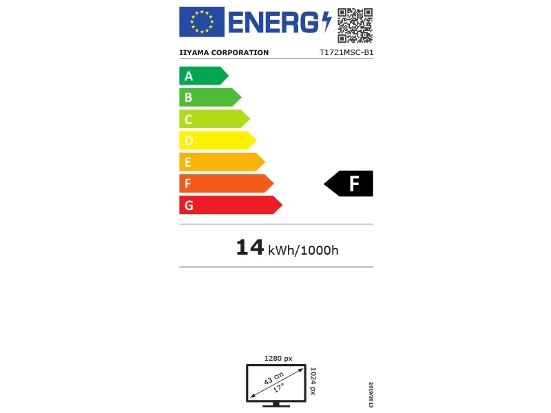 EU energy label showing iiyama ProLite T1721MSC-B1 17 inch capacitive multitouch monitor, energy class F, 14 kWh/1000h, 1280 x 1024 resolution.