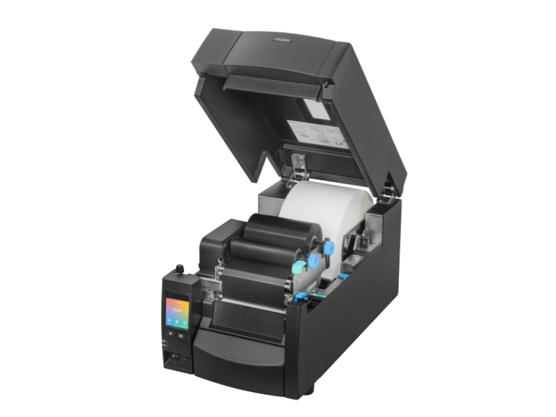 Citizen CL-S700III Industrie-Etikettendrucker in Schwarz mit geöffnetem Gehäuse, Thermotransferdruck, 203 dpi, USB und Ethernet für Lager und Logistik