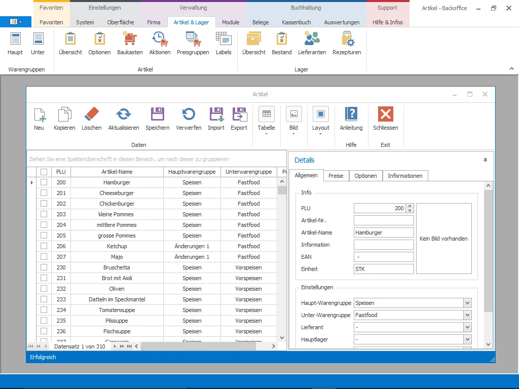 Screenshot einer Backoffice-Artikelverwaltung