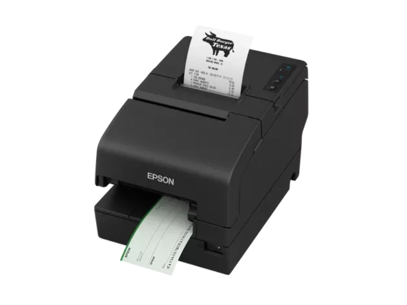Black Epson TM-H6000VI hybrid POS printer with receipt and cheque output, RS232, USB and Ethernet connectivity for busy retail checkouts