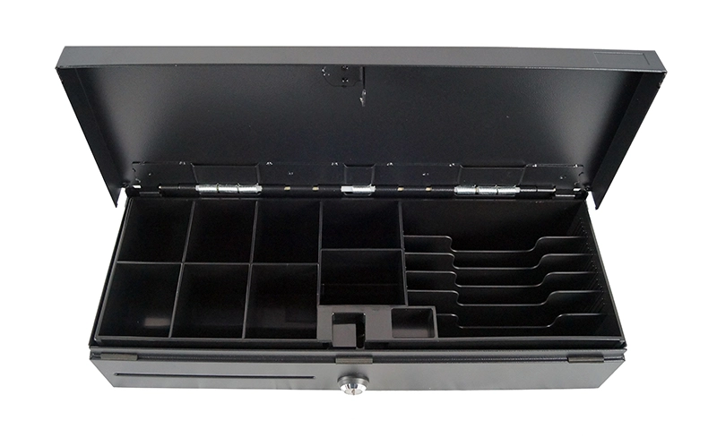 Open MagicPOS 410FT black flip-top cash drawer with 6 bill and 8 coin slots, front slot and RJ11 connection for compact POS counters