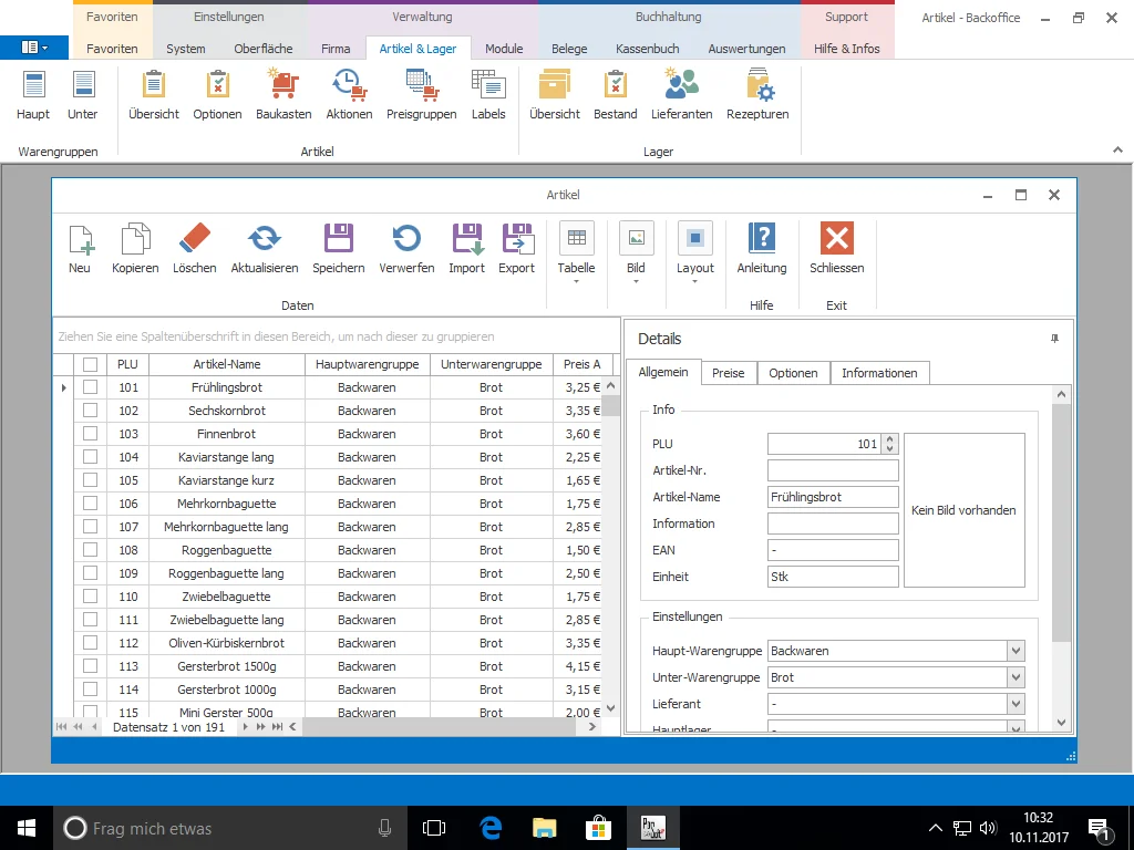 Screenshot Warenwirtschaftssystem mit Brotartikeln