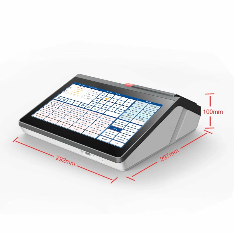Flache Touchscreen-Kasse mit Maßen 292 x 297 x 100 mm