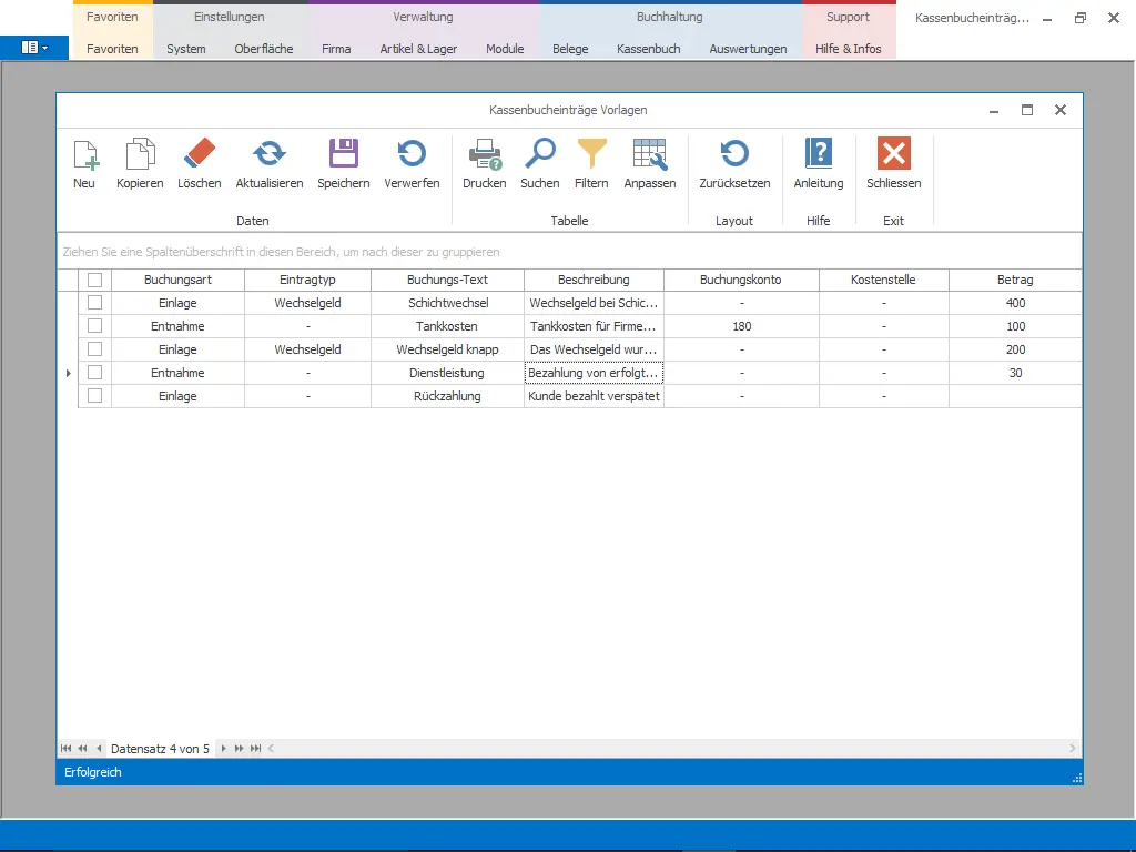 Benutzeroberfläche einer Kassenbuch-Software am Computer