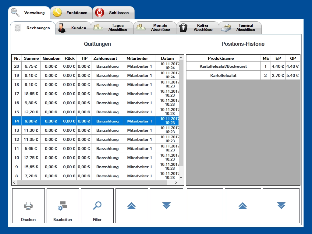 Screenshot einer Kassensoftware mit Quittungenliste