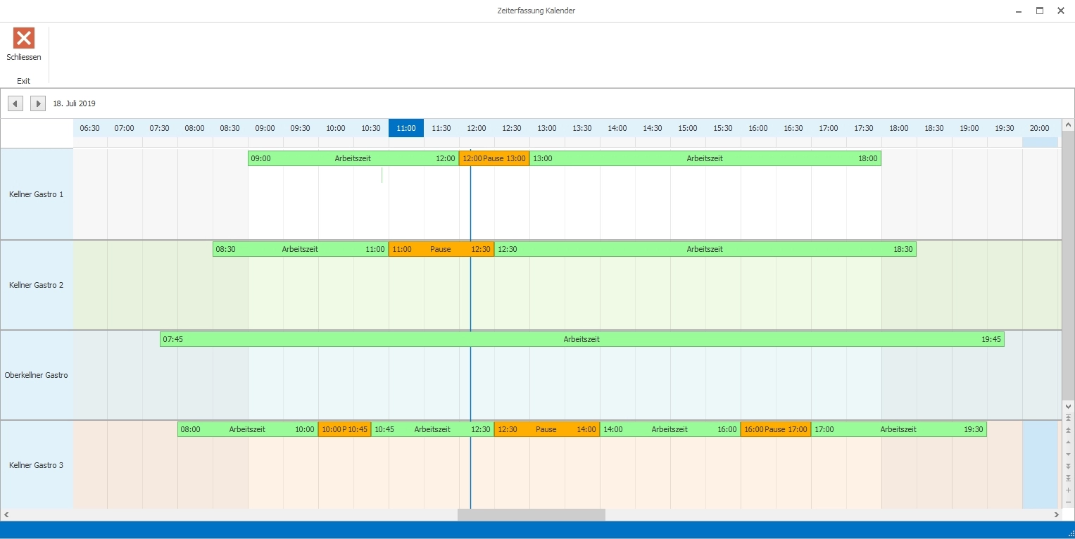 GastroSoft Zeiterfassung Kalender mit Arbeitszeiten und Pausen für Gastronomie-Mitarbeiter in der Kassensoftware