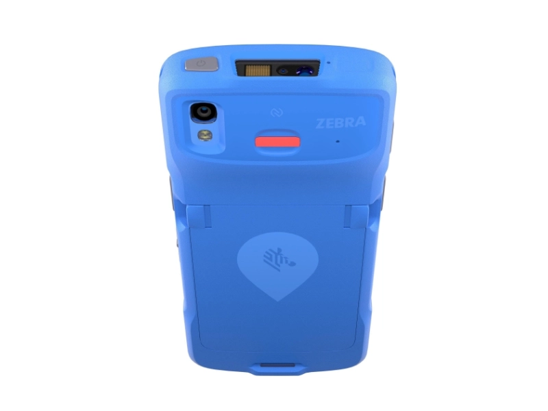 Rear view of the disinfectable Zebra HC20 Healthcare handheld mobile computer with 6-inch Android display, 2D barcode scanner and emergency button for clinical wards.