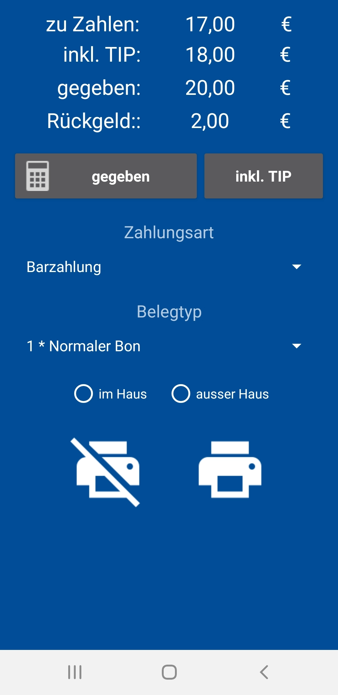 Screenshot der GastroSoft Pro Zahlungsmaske auf Android-Bestellterminal für MagicPOS Gastro Kasse 15 Zoll mit Barzahlung, Trinkgeld, Rückgeld und Bonwahl