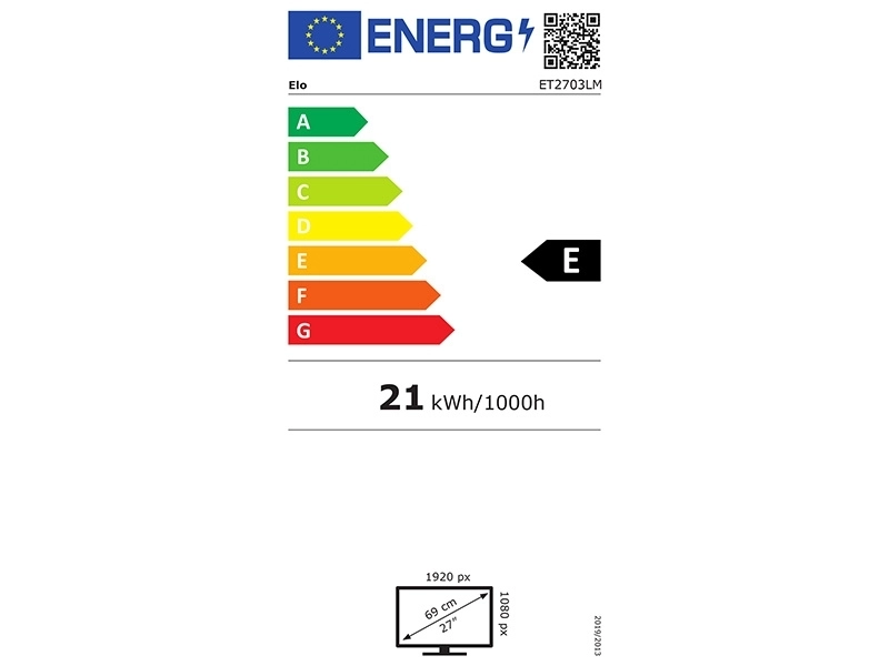 EU energy label for EloTouch 2703LM 27-inch healthcare touchmonitor, DICOM-compliant IP54 10-touch display, class E with 21 kWh/1000h.