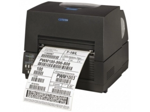 Citizen CL-S6621 industrial desktop label printer printing wide barcode labels for warehouse logistics, 203dpi thermal transfer printing