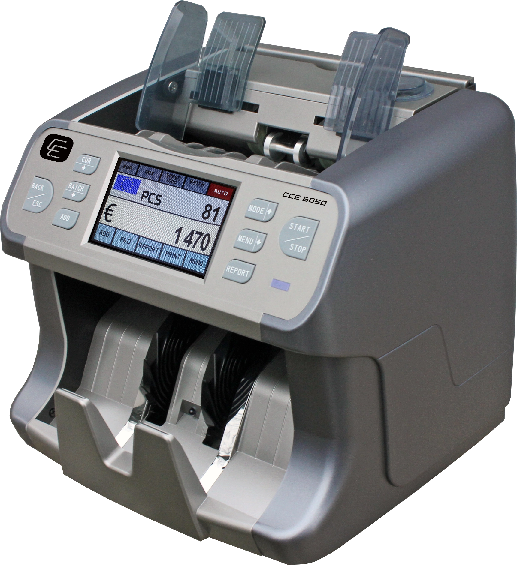 Graue CCE 6050 Banknotenzählmaschine mit Touch-Display, Tastenfeld und mehreren Ausgabefächern zum Zählen und Sortieren von Geldscheinen