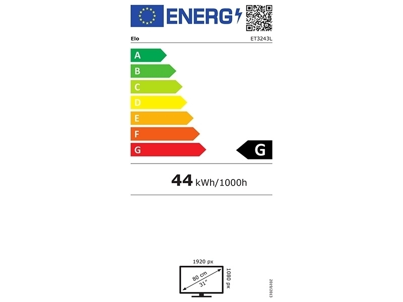 EU energy label for EloTouch 4363L 42.5-inch open-frame Full HD PCAP touch monitor, energy class G, 44 kWh/1000h, for kiosks and POS