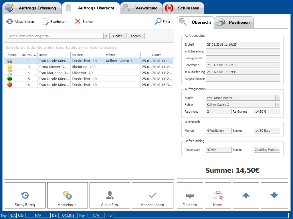 GastroSoft Lieferdienst Add-On mit Shop-Connector: Auftragsübersicht für Bestellungen, Fahrer, Status und Lieferzuschlag im Kassensystem