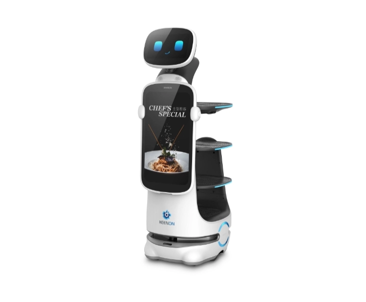 Keenon T10-DINERBOT service robot for restaurant food delivery with trays, ad screen and smart obstacle avoidance