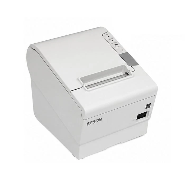 Weißer Epson Bondrucker mit Papierausgabe, Bedienfeld, USB- und Stromanschluss für Kassenbelege im Handel