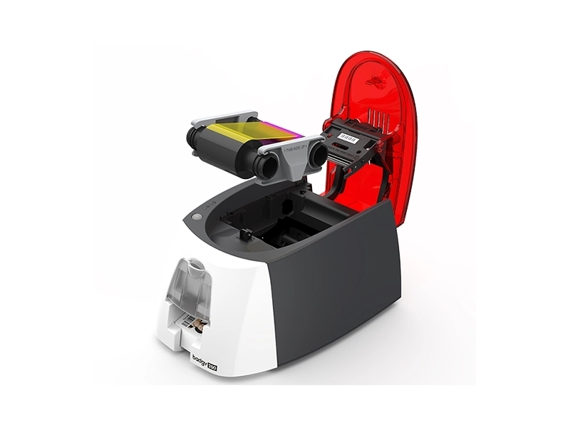 Evolis Badgy 200 Kartendrucker geöffnet mit Farbband und Karteneinzug, einseitiger USB-Kartendrucker als Kit