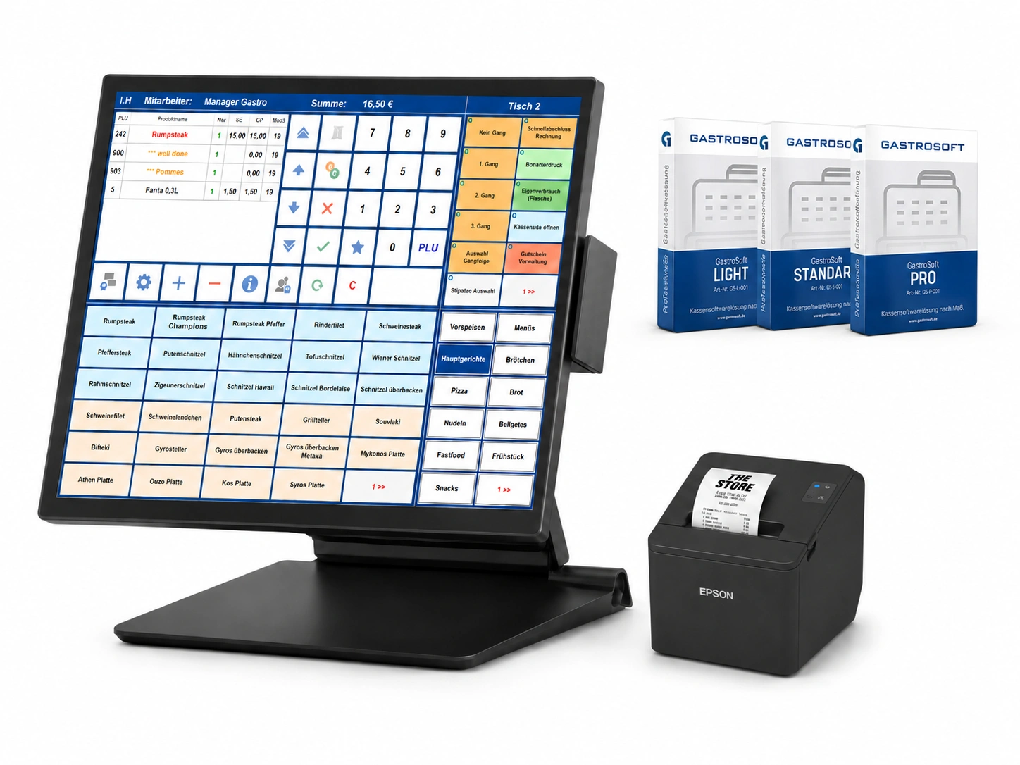 MagicPOS Gastro Kasse 15 Zoll Touch mit Intel i5, GastroSoft Kassensoftware, TSE und Epson Bondrucker für Restaurant, Café und Imbiss